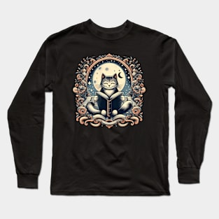 Cat Reading Under A Moonlit Sky, Reading Books Lover Long Sleeve T-Shirt